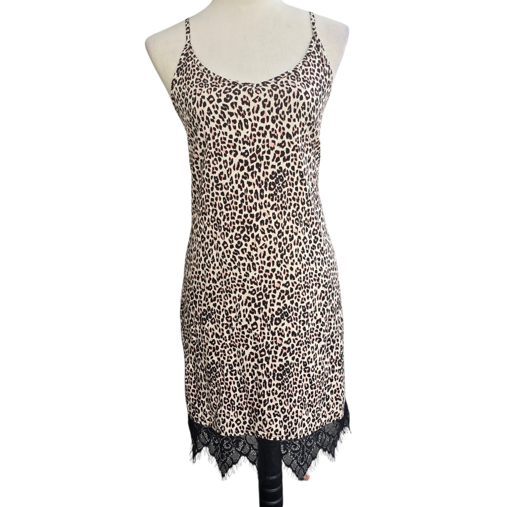 Shift Leopard Print Dress Sleeveless Lace Hem Adjustable Straps Lined Size S NWT